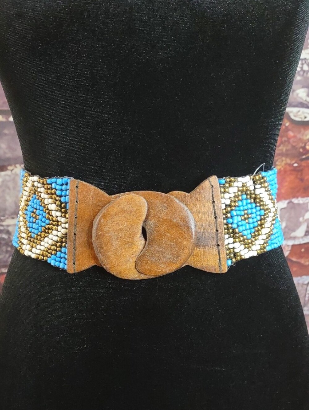 Artisan Crafted Beaded Stretch Belt With Wooden Buckle